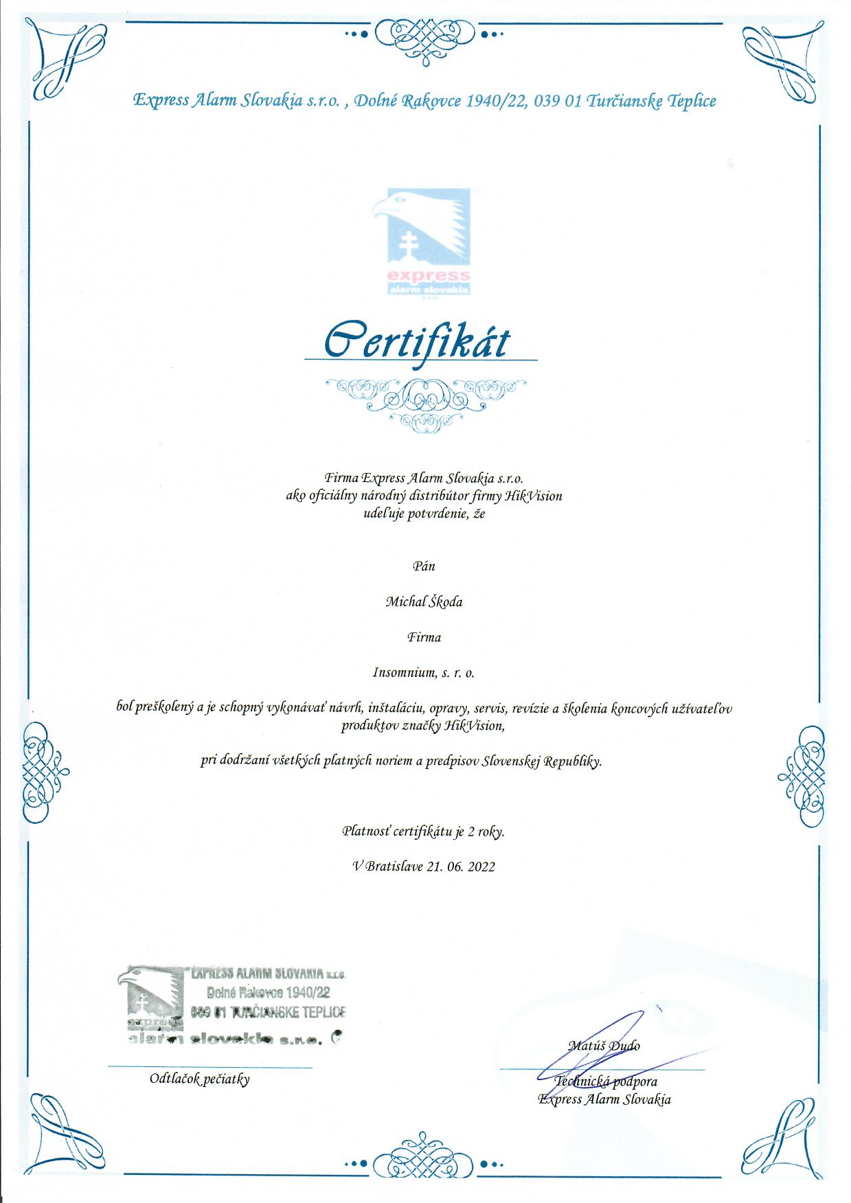 Certifikat - Insomnium